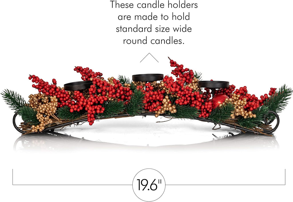 Ornativity Christmas Décor Candle Holder – Xmas Table Themed Candle Holder Centerpiece Decorations with Red and Gold Berries, Twigs, and Evergreens