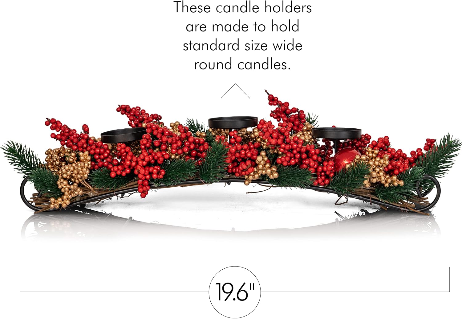 Ornativity Christmas Décor Candle Holder – Xmas Table Themed Candle Holder Centerpiece Decorations with Red and Gold Berries, Twigs, and Evergreens