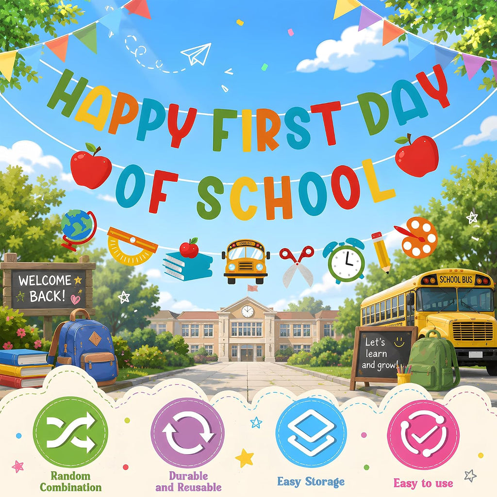 Back to School Decorations - Happy First Day of School Banner Sign Decor for Indoor Outdoor | Back To School Garland Backdrop - Hanging Classroom Decor Party Favors Supplies