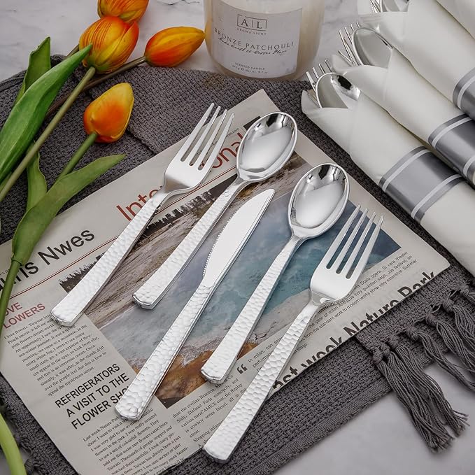 Supernal 60 Pack Pre-Rolled Silver Plastic Cutlery Heavy Duty Wrapped Silverware Disposable Premium Silver Plastic Silverware Forks and Spoons for Halloween Thanksgiving Christmas