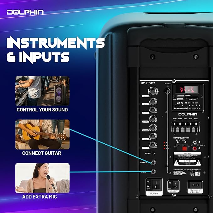Dolphin 1000W Karaoke Party Speaker with 2 Wireless Microphones, Bluetooth, LED Lights, Tailgate Ready, and Long-Lasting Battery