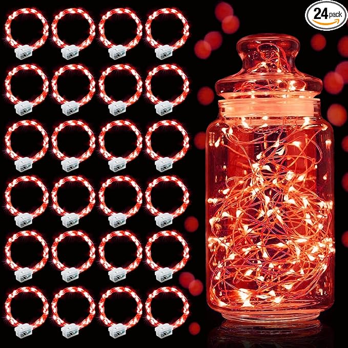 Aogist 24 Pack Fairy Lights 3 Modes 7ft 20 LED Waterproof,Battery Operated Silver Wire Firefly Starry Moon Mini String Lights for Mason Jars Christmas DIY Crafts Wedding Party Bedroom,Red