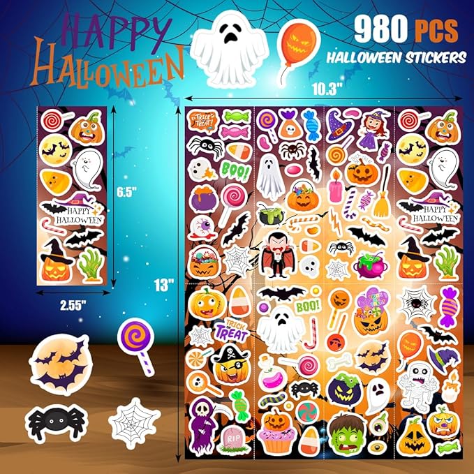 Halloween Stickers 980Pcs Assorted Halloween Stickers for Kids Halloween Party Favors, Classroom Crafts, Goodie Bags, Decorations, Trick or Treat Halloween Party Supplies