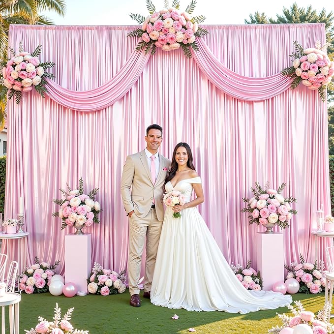 Pink Satin Backdrop Curtains 2 Panels - Glitter Photo Drapes for Baby Shower, 10x10FT Shimmer Back Drop Cloth, Wrinkle Free for Birthday Party Prom Wedding Photography Background