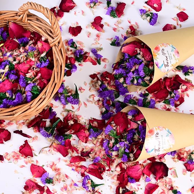40+ Cups 9.3oz Real Biodegradable Flower Petal Wedding Confetti, 5 QT 5 Kinds Colorful Mixed Petal Confetti with Dried Rose Petal & Jasmine Buds, DIY Wedding Decor for Flower Girl Bridal