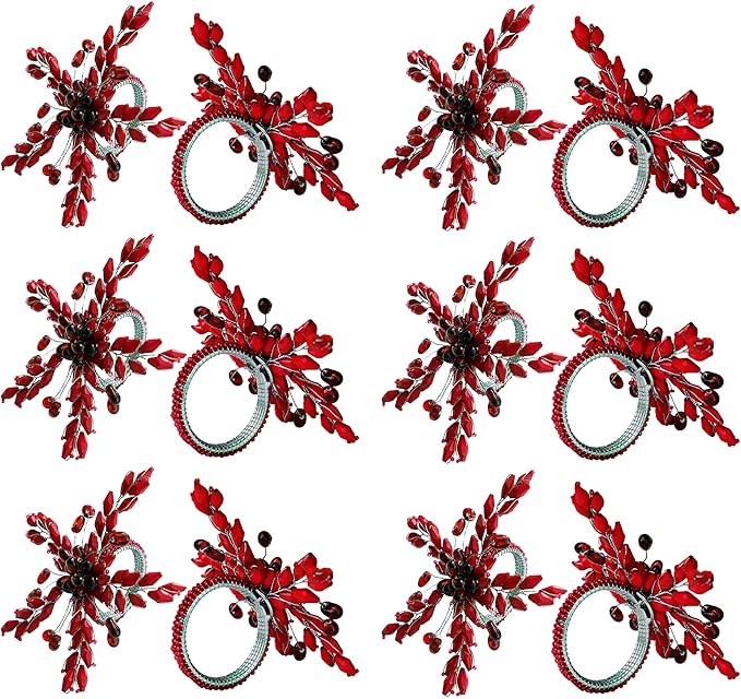 Napkin Rings Set of 12 for Dining Table Decoration Parties Everyday Metal Napkin Holder Leaf Red (Pack of 12)