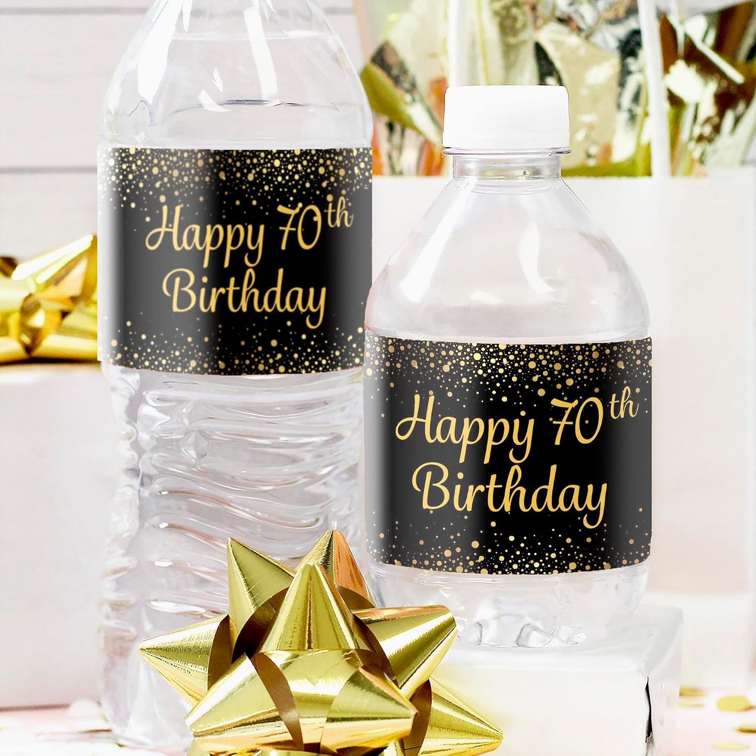 70th Birthday Party Water Bottle Labels – Black & Gold Birthday Decorations, 20 Stickers