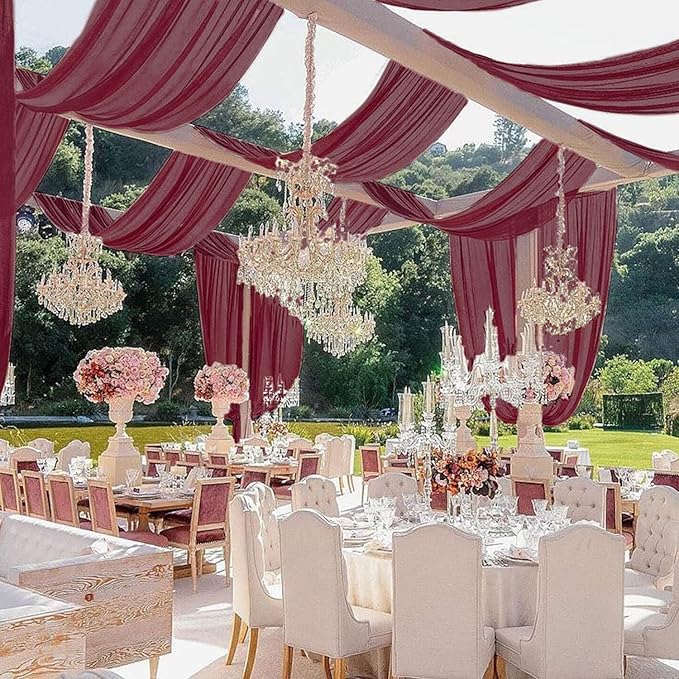 MODFUNS Burgundy Ceiling Drapes for Weddings 5FTx20FT 2 Panels Sheer Wedding Arch Draping Chiffon Fabric Ceiling Drapery Arbor Archway Drapes Tulle Curtains for Ceremony Swag Wedding Decorations