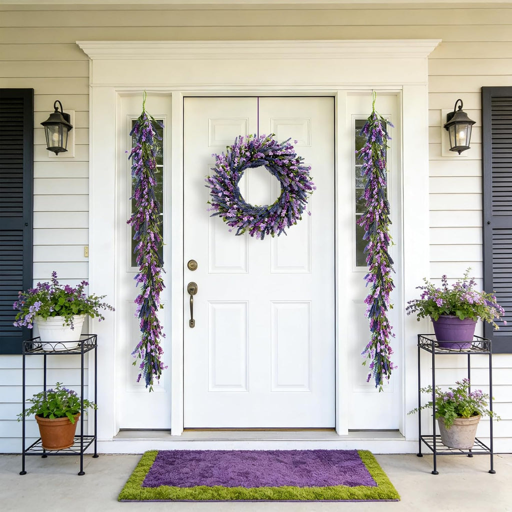 purple lavender flower garland for mantle & fireplace, side view