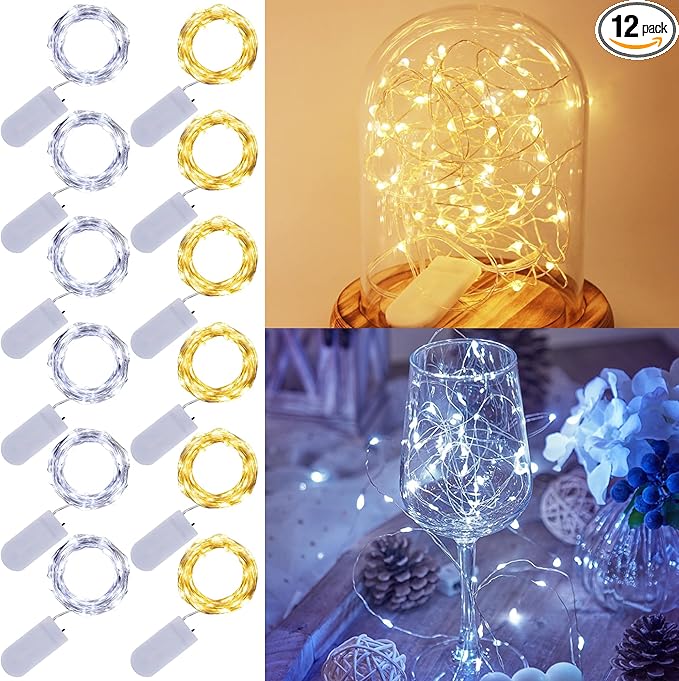 WATERGLIDE 12 Pack Fairy Lights Battery Operated (Included), 7 ft 20 LED Mini String Lights, Waterproof Silver Wire Firefly Starry Light for DIY Wedding Christmas Party Decor, 6 Warm White & 6 White
