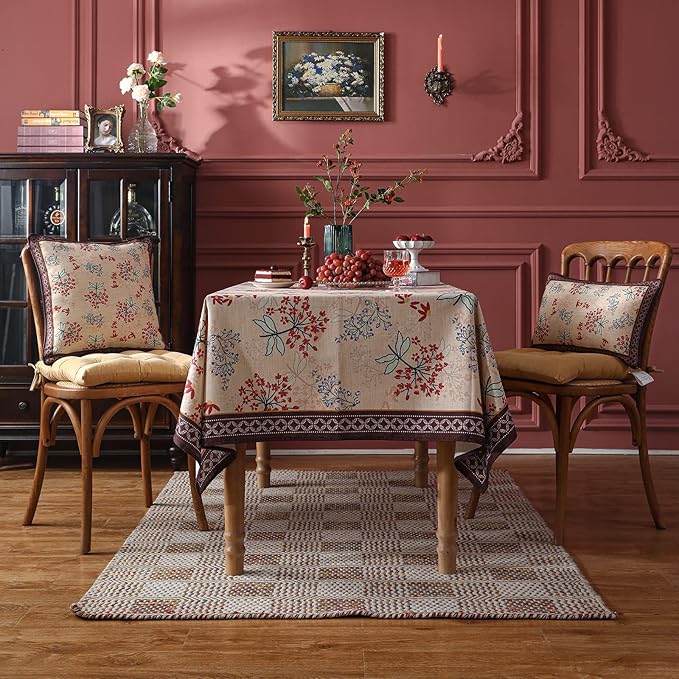 patdrea Designer Linen Extra Long Rectangular Table Cloth,Vintage Red Floral Tablecloth,Breathable Table Cover for Kitchen Dining,Tea Party,Christmas,Thanksgiving,Holiday,63"x110"-Newmari