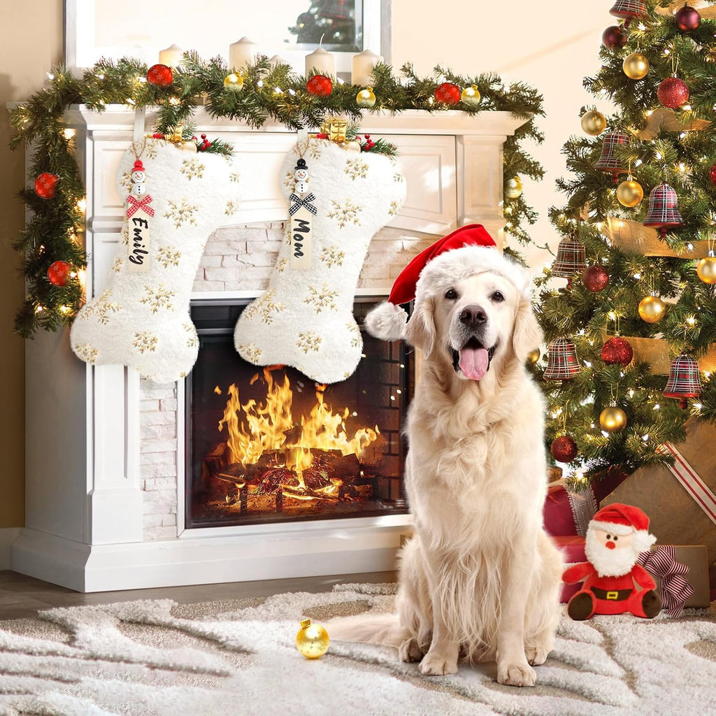 Dog Christmas Stocking with Name Tags DIY,Personalized Snowy White Bone Shaped with Gold & Silver Snowflake Sequins Family Decoration Faux Fur Christmas Stocking for Dog Pet (Gold Sequins)