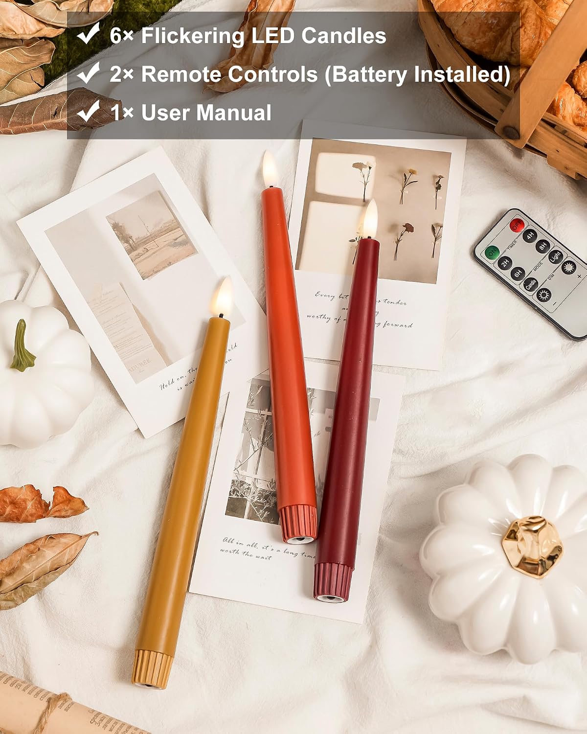 Stmarry Fall Flameless Taper Candles with Remote and Timer, 9.65 Inch Real Wa...