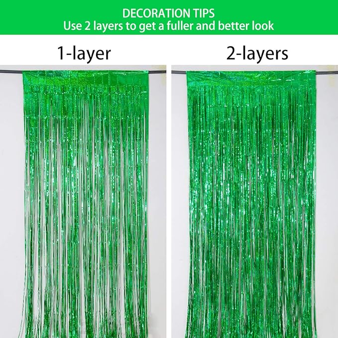Foil Fringe Curtains April fool's Day Decorations - Melsan 3 Pack 3.2 x 8.2 ft Green Tinsel Curtain Party Photo Backdrop for Birthday Party Baby Shower or Graduation Decorations