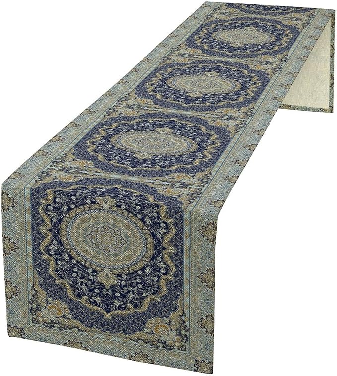 Boho Bohemia Style Blue Teal Table Runner, Country Rustic Farmhouse Magical Abstract Print Pattern for Home Kitchen Table Decor Dining Coffee Room Garden Party Decor 13x60in