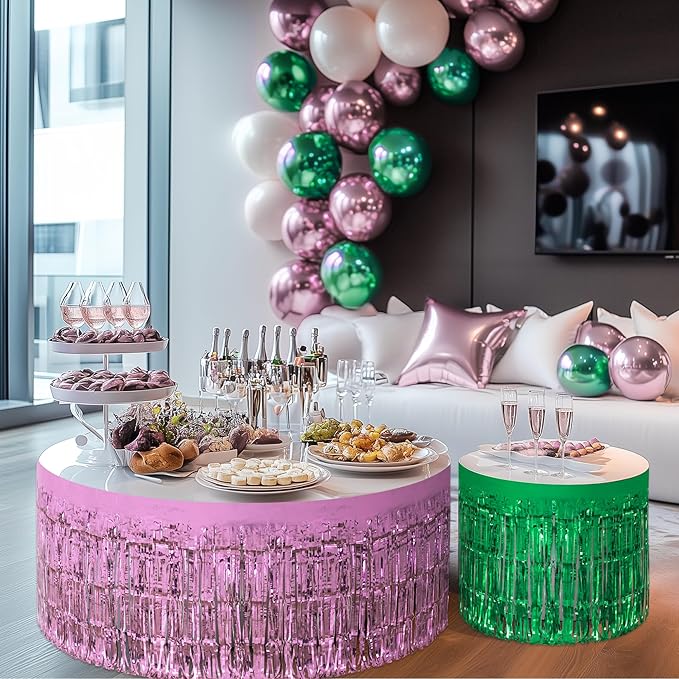 2 Pack Light Pink Green Table Skirts, 29x108" Metallic Foil Tinsel Fringe Table Skirt for Rectangle Tables Streamer Curtains Backdrop, Party Decorations for Birthdays, Weddings, Holidays