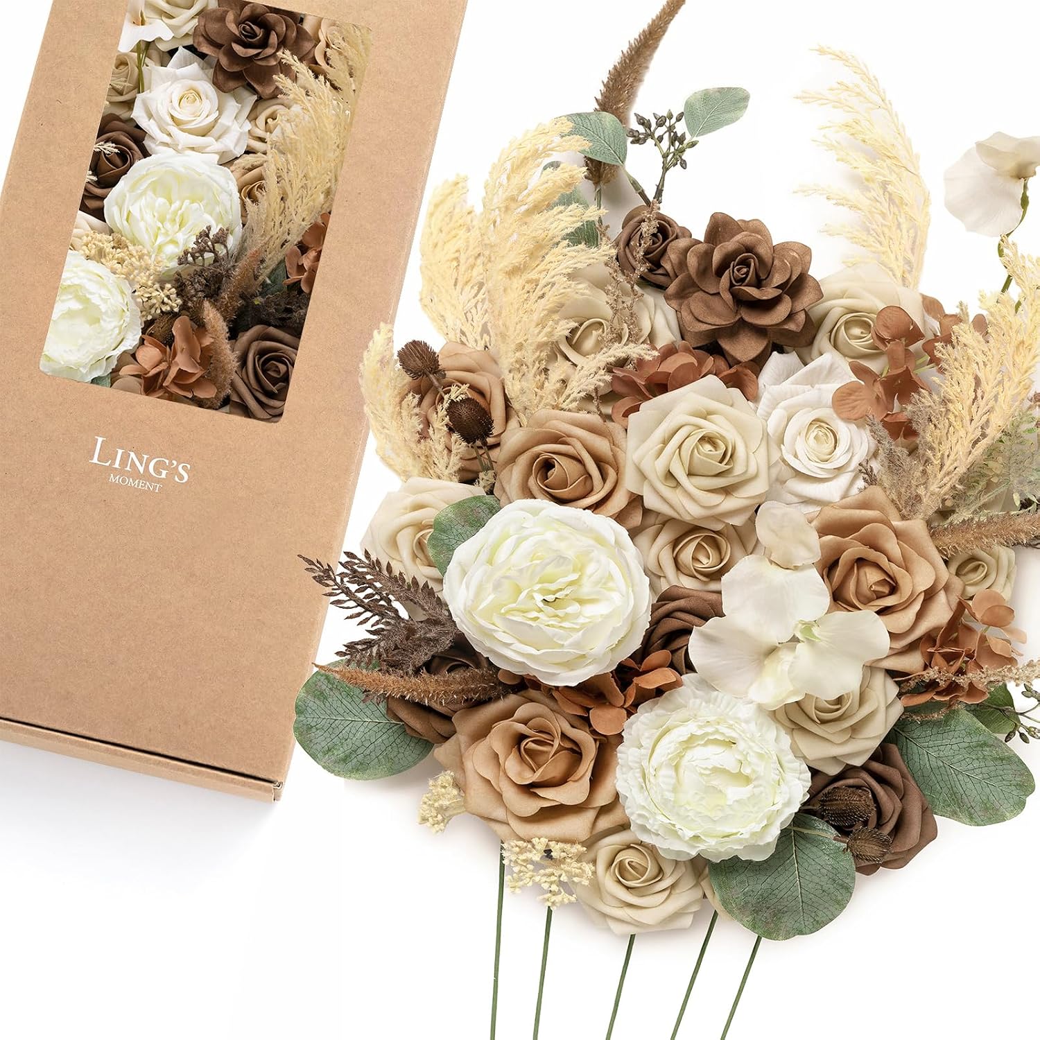 Ling's moment Fake Flowers Box, Faux Pampas Artificial Gardenia Foam Roses Silk Peony for Centerpieces Bouquet Wedding Floral Arrangements Bridal Shower Party, Earth Brown & Tawny Beige, Deluxe Combo
