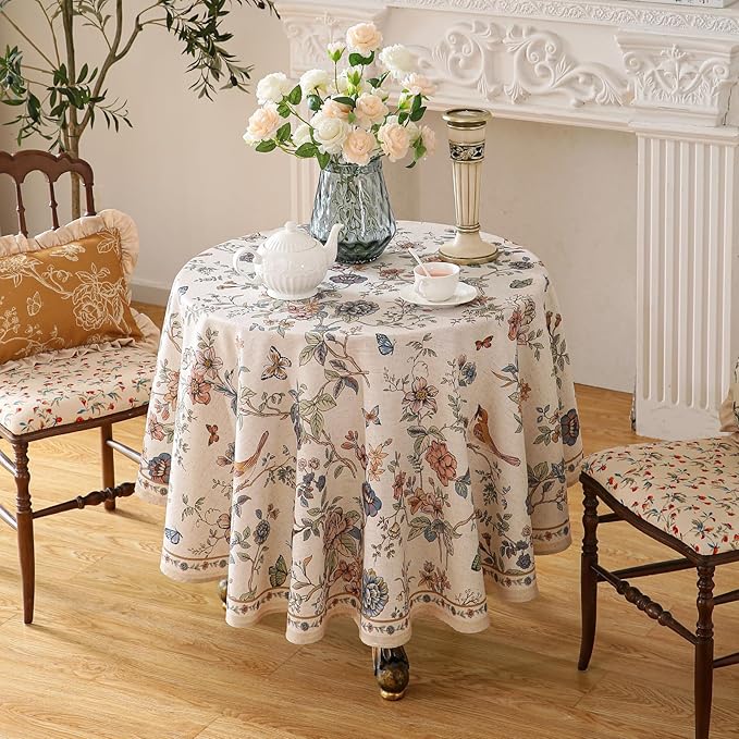 ISAENNE Designer French Light Beige Small Round Tablecloth,Linen Florals and Birds Pattern Table Cloth,Anti-Wrinkle Decorative Tablecloths for Dining Thanksgiving Kitchen,Diameter 55"-Cornucopia
