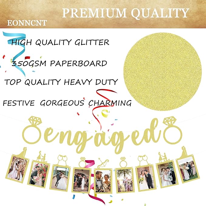 Pre-Strung Engaged Photo Banner - Gold Glitter Engagement Party Decoration Supplies with Romantic Memories Picture Card Frames for Bachelorette, Bridal Shower, Wedding Party Photo Booth Props