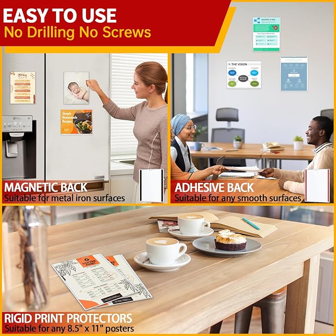 Rigid Magnetic Sign Holder 8.5 x 11 - Clear Plastic Magnetic Frames for Refrigerator Top Loaders Wall Sign Holder, Self Adhesive Frames for Walls Door Window Magnetic Picture Frame 10 Pack