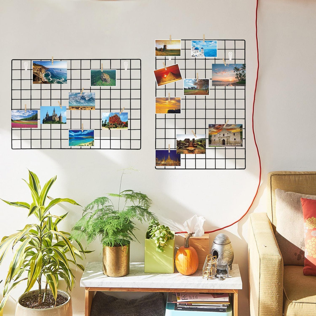 2 Pack Large Wall Grid Panels with Light and Clips, Photo Display Board, Pict...