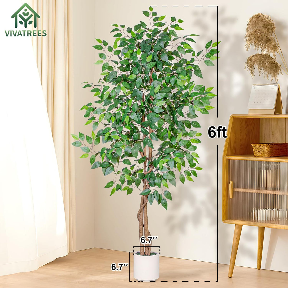 VIVATREES 6FT Artificial Ficus Tree with White Planter, Realistic Faux Silk I...