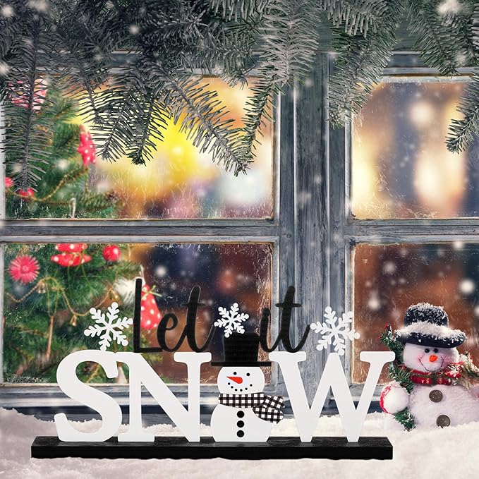 Winter Metal Sign Let It Snow Table Decor Christmas Tiered Tray Decor with Wooden Base Metal Black and White Snowman Snowflake for Xmas Home Tabletop Centerpiece Mantel Shelf Fireplace