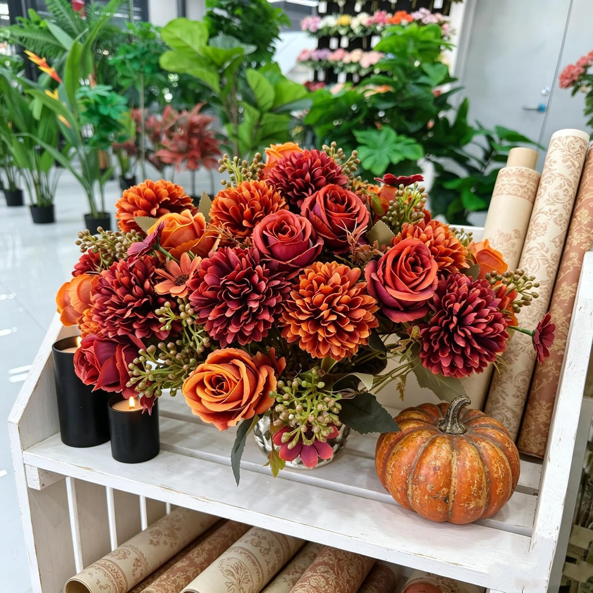 8 Pack Artificial Fall Flowers, Orange Red Silk Faux Bouquet
