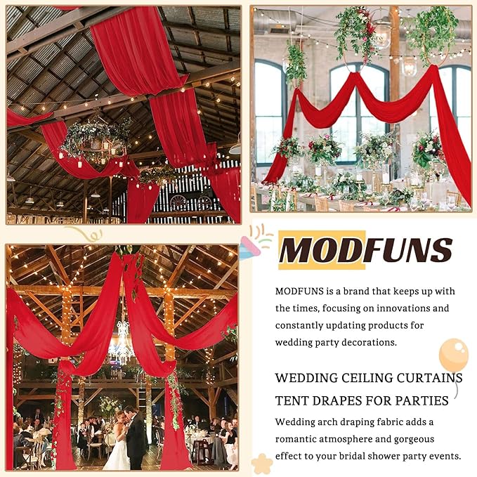MODFUNS Ceiling Draping Red Ceiling Drapes for Parties 5x30FT 2 Panels Chiffon Sheer Draping Fabric for Wedding Arch Drapery Curtains Tulle Arbor Drapes for Wedding Reception Birthday Curtains