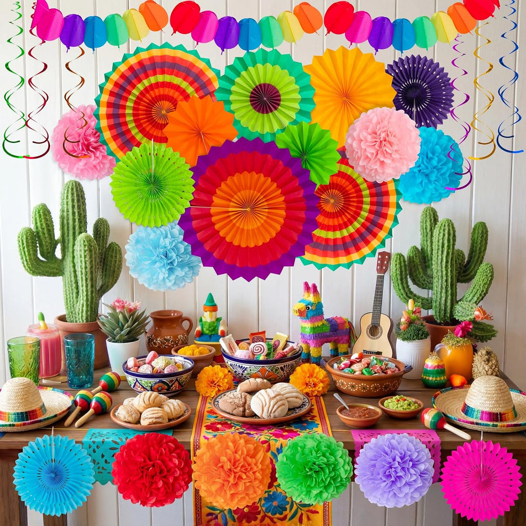 35PCS Fiesta Paper Fan Party Decorations Set | Cinco De Mayo Pom Poms, Pre-assembled Pennant, Garland String & Banner, Hanging Swirls, Hispanic Heritage Month Decor