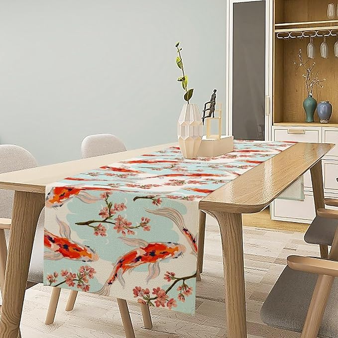 Japanese Kio Fish Table Runner Cherry Flower Art Printed Burlap Runner Home Kitchen Dining Table Living Room Decor Fabric 1 Panel W13xL108in