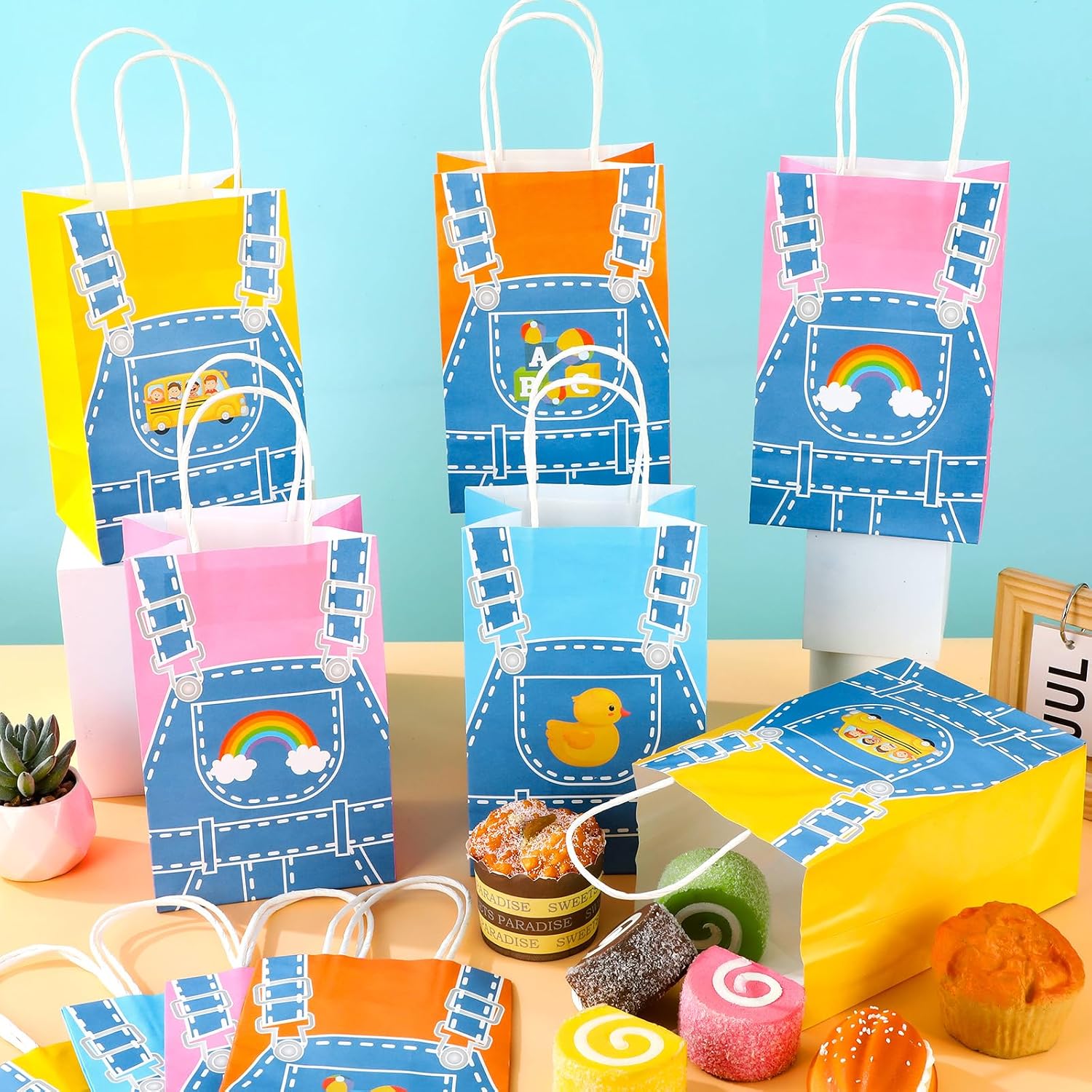 24Pcs English Teacher Party Gift Bags Cartoon Teacher Birthday Party Decorations Supplies Cartoon Girls Fans Treat Bag Rainbow ABC Bus Paper Goodie Bags with Handles for Kids Birthday Classroom Decor