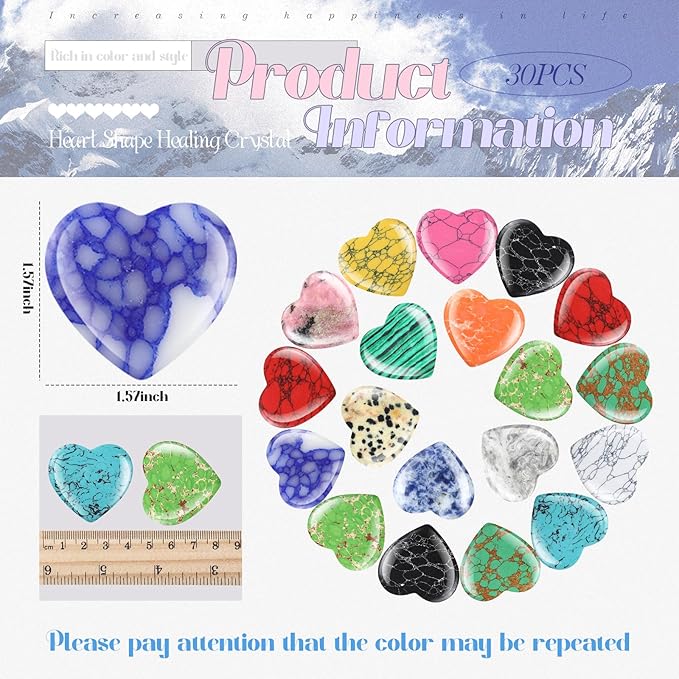 Nuenen 30 Pcs Heart Shape Crystals Bulk 1. 57 Inch Gemstone Heart Stones Worry Stone Rocks Quartz Love Pocket Palm Hearts Bulk for Mother's Day Stress Relief Gift (Fresh Color)