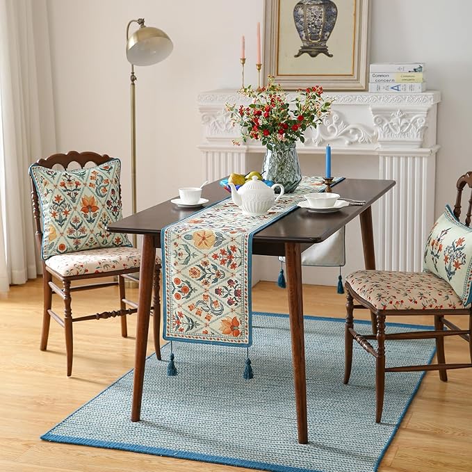 ISAENNE Designer Bohemian Elegant Linen Table Runner 71 Inches Long,Colorful Flower Pattern Table Runners for Dining Tables,Thanksgiving,Kitchen Tables,Christmas,12"*71"-Floralsea A