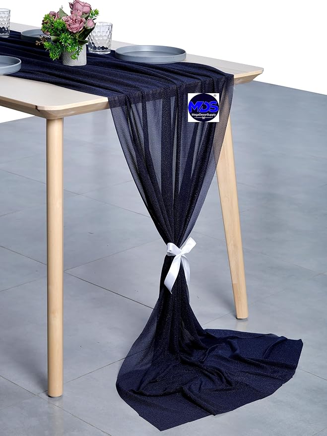 MDS 2 Pack 10ft Chiffon Table Runner 29 x 120 Inches Sheer Wedding Runner Romantic Rustic Table Runner for Wedding Decorations, Birthday Parties, Bridal Shower Party Arch Decor - Navy Blue