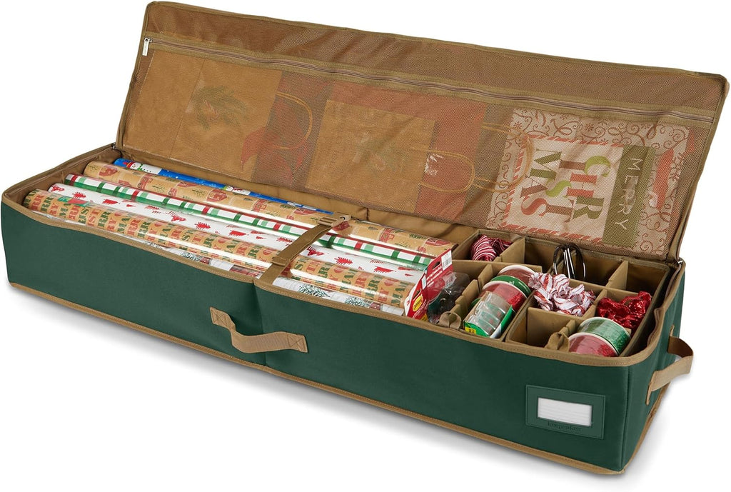 Covermates Keepsakes Gift Wrap Storage Organizer – Heavy-Duty Polyester with Buckle Straps & Interior Pockets – Holds Up to 15 Rolls of Gift Wrap with Handles & Label Window, Green