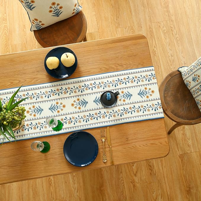 ISAENNE Designer Pale Yellow Elegant Linen Table Runner 87 Inches Long,French Floral Pattern Elegant Table Runners for Dining Tables,Thanksgiving,Kitchen Tables,Christmas,12"*87"-Estevan A