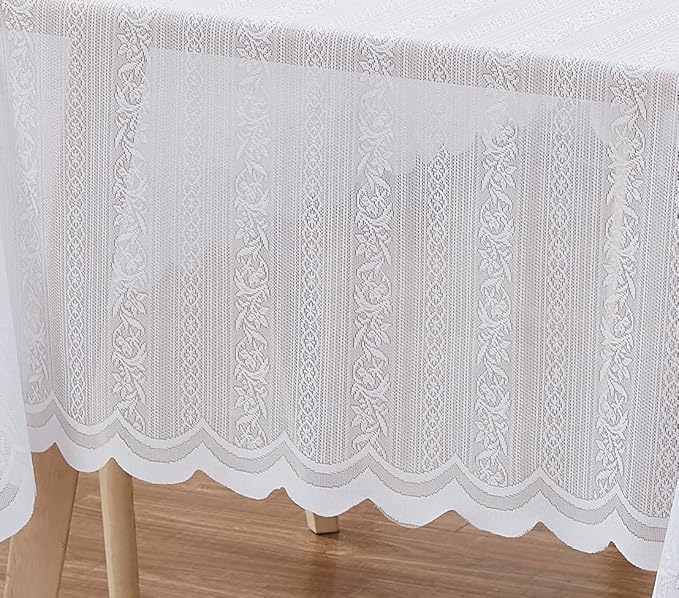 LinenZone Round Lace Tablecloth with Elegant Scalloped Bottom for Any Special Event Such as Wedding, Birthday Party, Baby Shower, Anniversary. Sits 4 to 6 People. (Linda 70 Round, White)