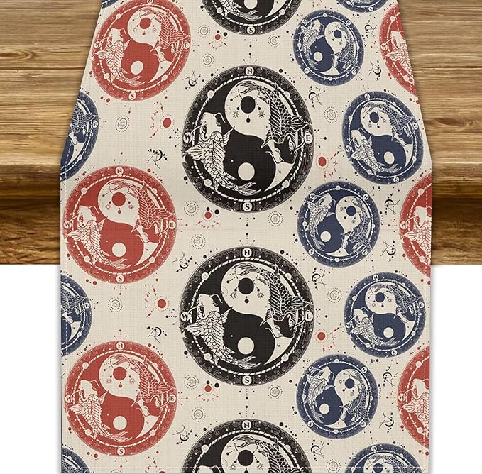 Yin Yang Table Runner, Vintage Mid Century Traditional Oriental Koi Fish Mystical Celestial Moon Stars Print Table Runner for Kitchen Dining Table Party Decor, 13x120inch