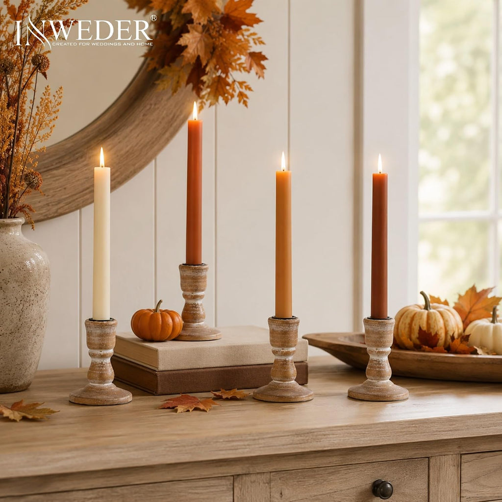 Wooden Taper Candle Holders: Rustic Farmhouse Decor, Set of 4 | Distressed Finish, Solid Wood Candlestick Holders for Fall Mantel, Dinning Table Centerpiece, Living Room, Thanksgiving