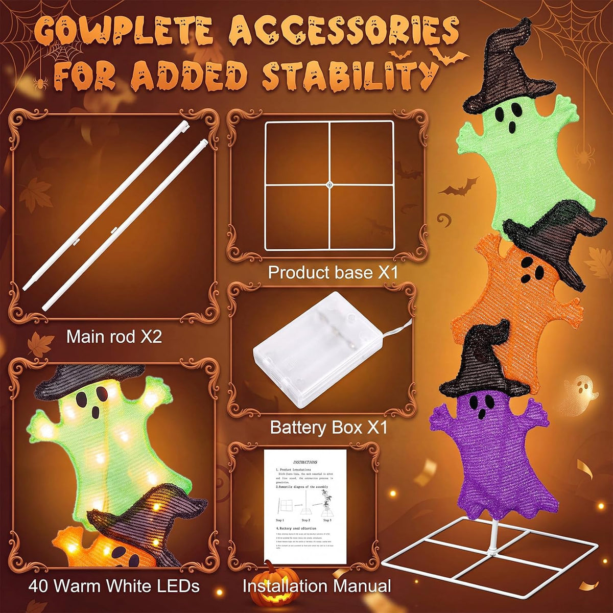Halloween Ghost Lights 42 Inch H Pre-lit Lighted Ghost Witch Hats Decor