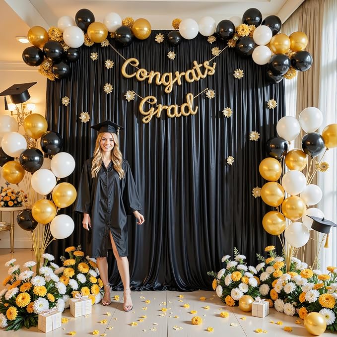10x10 ft Black Glitter Backdrop Curtain for Parties, Wrinkle Free Satin Photo Backdrop Drapes 2 Panels 5x10FT Shimmer Back Drop Cloth for Wedding Birthday Halloween Photography Background Decor