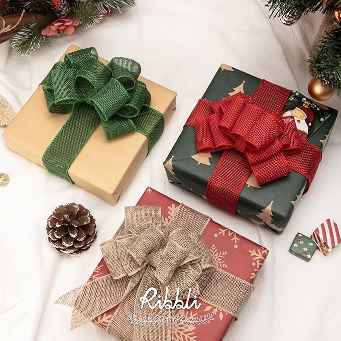 Ribbli Red Burlap Wired Ribbon,1-1/2 Inch x 10 Yard,Wired Edge Ribbon for Big Bow,Wreath,Tree Decoration,Outdoor Decoration