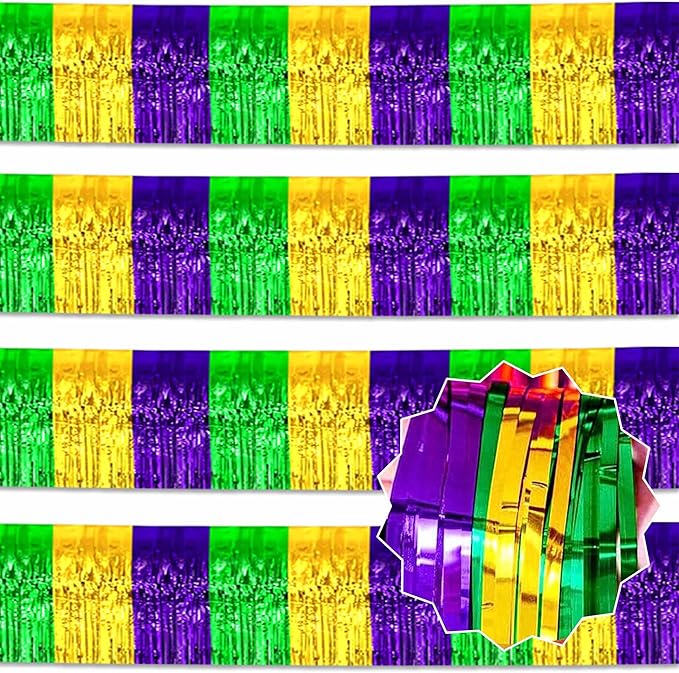 4 Pack 10 Ft Gold Green Purple Foil Fringe Garland Metallic Streamers Tinsel Banner Wall Hanging Garland Backdrop for Parade Floats, Halloween, Christmas, Thanksgiving, New Year Party Decorations