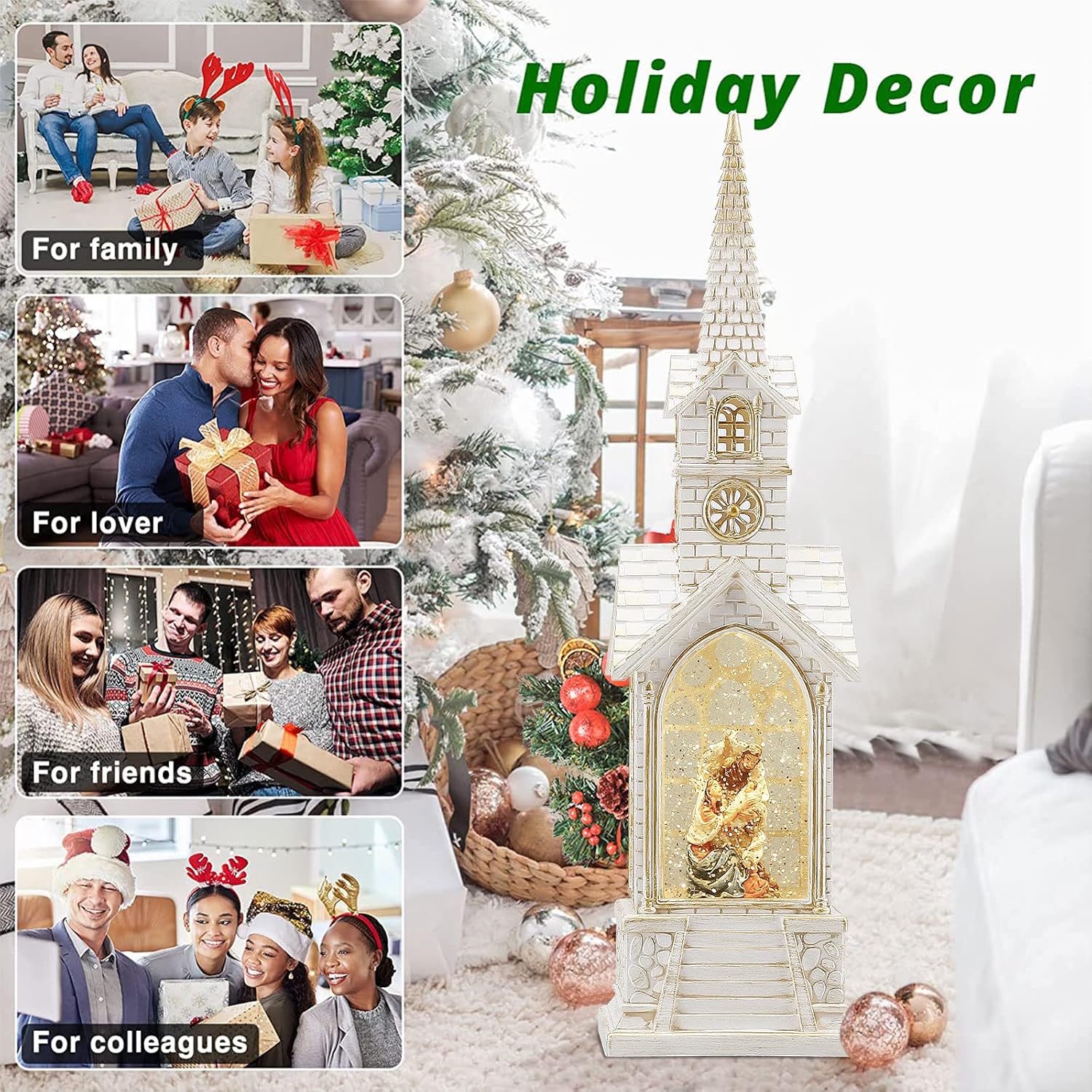 15.3IN Nativity Snow Globe Christmas Decorations,Musical Christmas Snow Globes Churches Lighted Glitter Globe Lantern 6H Timer, Christian Gifts for Christmas Decor