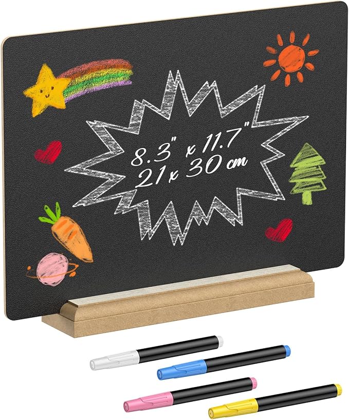 Uniclife A4 Tabletop Chalkboard Sign with Stand & Chalk Markers, 8.3 x 11.7 Inch, Double-Sided Wooden Chalk Board Sign for Tables, Large Reusable Message Board, Menu Board for Bar Restaurant Wedding
