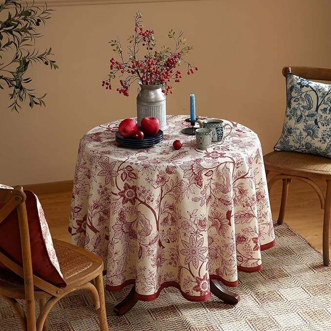 ISAENNE Designer French Linen Round Tablecloth,Red Floral Washable Indoor Table Cloth,Durable Home Decor Tablecloths for Dining Thanksgiving Kitchen Party Christmas,Diameter 67"-Ruyi A