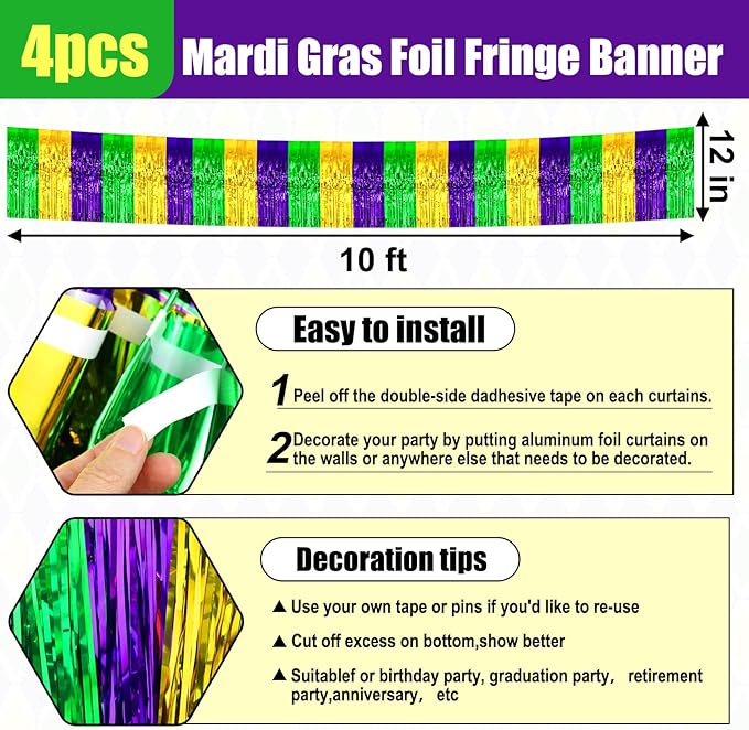 4 Pack 10 Feet Gold Green Purple Foil Fringe Garland Metallic Tinsel Streamers Banner Wall Hanging Curtain Backdrop for Parade Floats, Wedding, Graduate, Mother's Day, Birthday Party Decoration