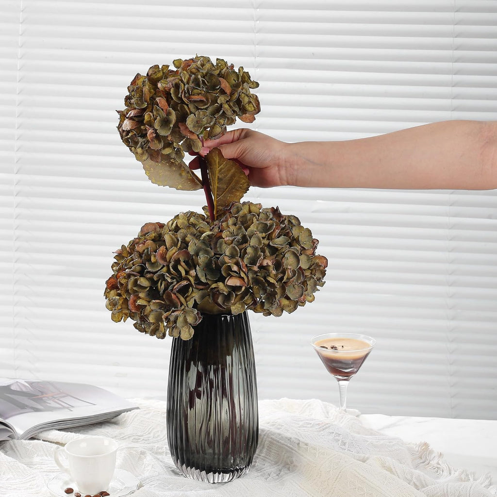 Fall Artificial Dried Hydrangea Flowers, Vintage Green Dried Look, Fall Faux Flowers, Single Stem (Autumn Green, 4pcs)