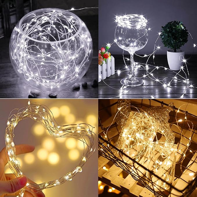 WATERGLIDE 12 Pack Fairy Lights Battery Operated (Included), 7 ft 20 LED Mini String Lights, Waterproof Silver Wire Firefly Starry Light for DIY Wedding Christmas Party Decor, 6 Warm White & 6 White